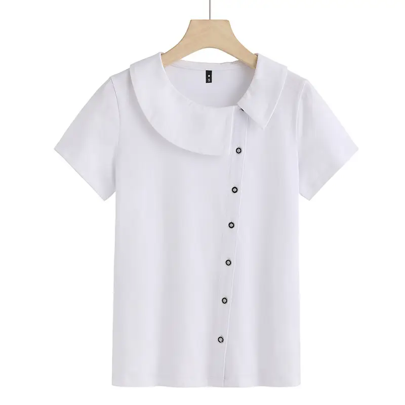 White Short Sleeve Button T-Shirt for Women - Image 2