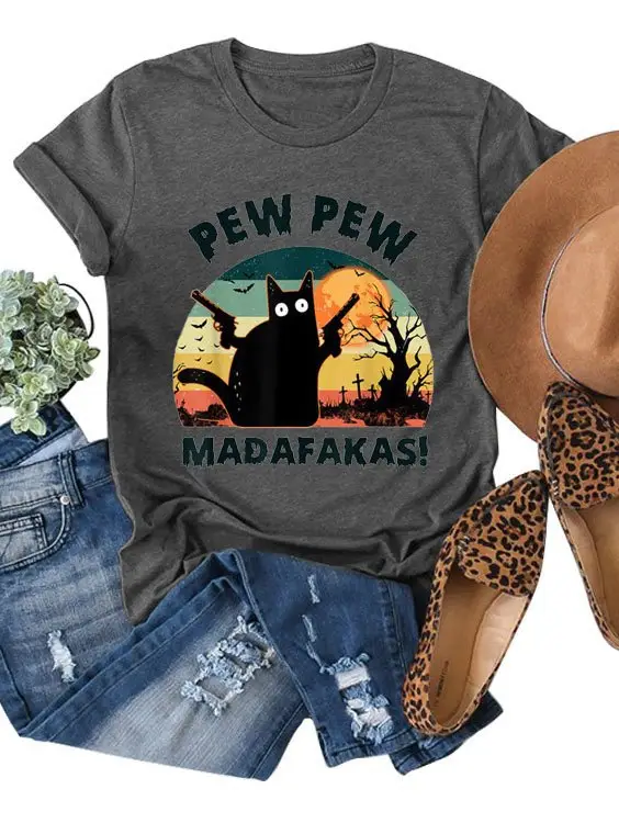 Women Printed T-Shirt Pew Pew Madafakas Halloween