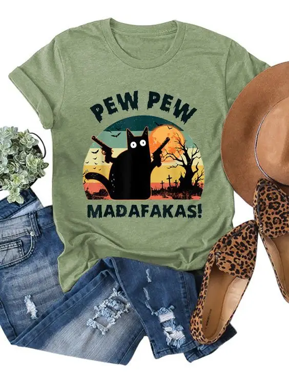 Women Printed T-Shirt Pew Pew Madafakas Halloween
