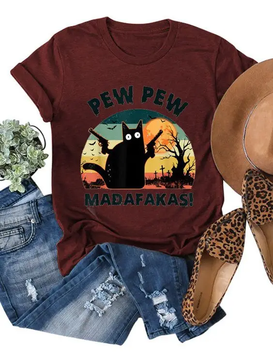 Women Printed T-Shirt Pew Pew Madafakas Halloween