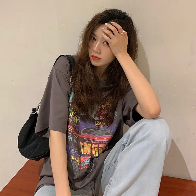 Vintage Printed Loose T-Shirt Women Large 2023 Summer - Image 5