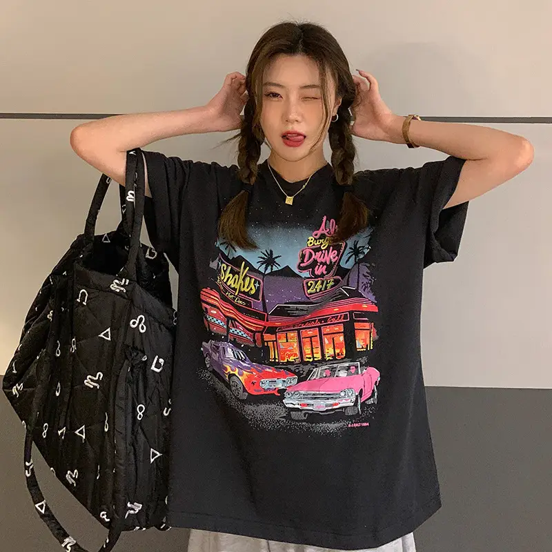 Vintage Printed Loose T-Shirt Women Large 2023 Summer - Image 6