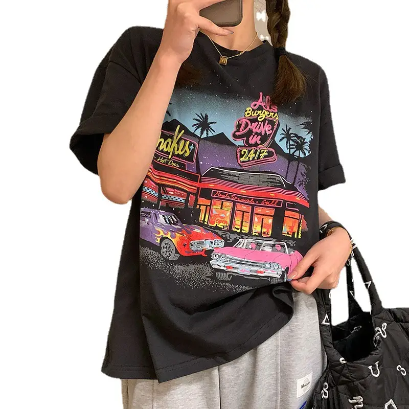 Vintage Printed Loose T-Shirt Women Large 2023 Summer - Image 7