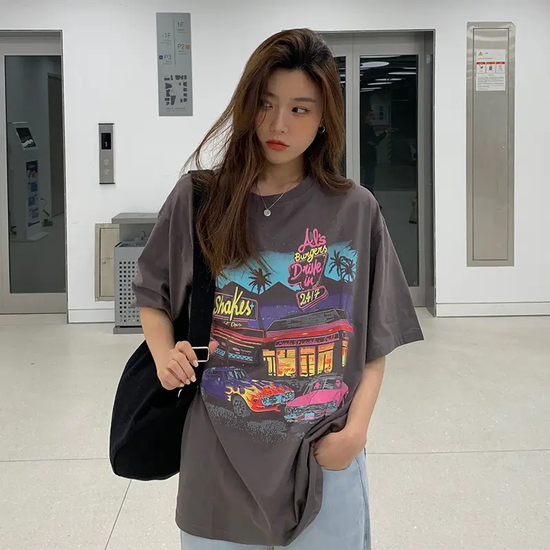 Vintage Printed Loose T-Shirt Women Large 2023 Summer - Image 2