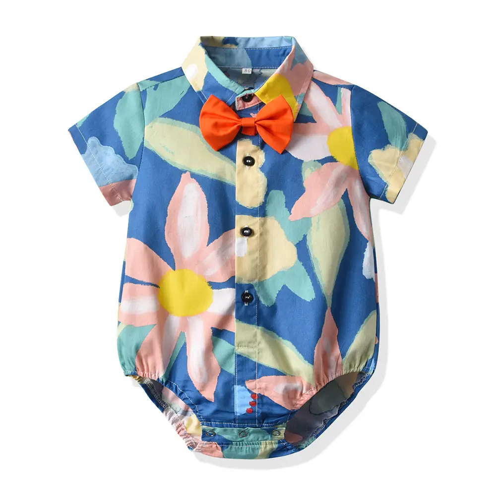 Baby Printed Short Sleeve Shirt with Bow Tie Suit - Image 3
