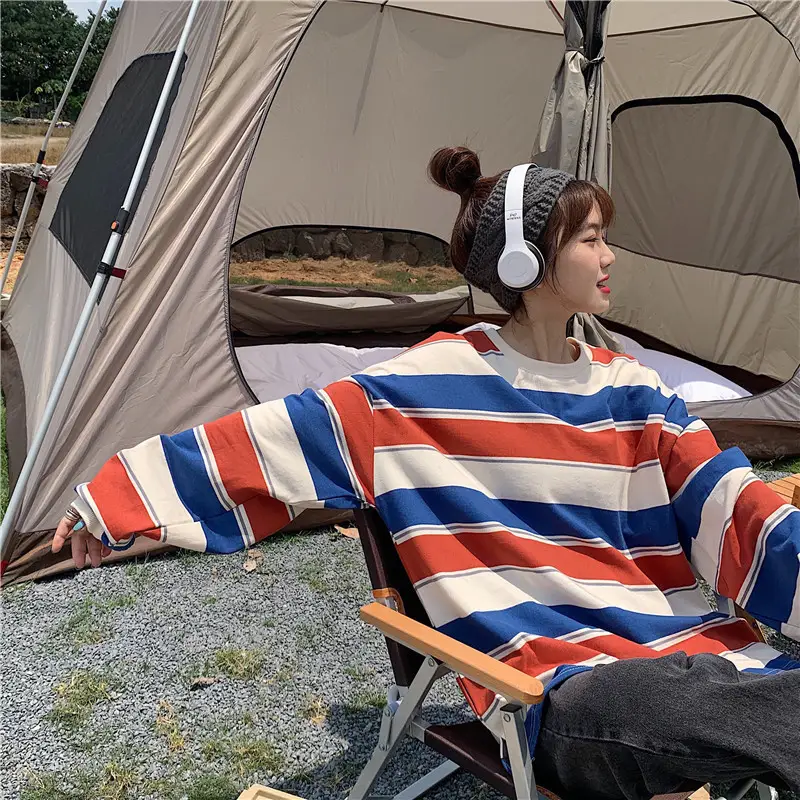 Women Striped Long Sleeve T-Shirt Blue White Red - Image 4
