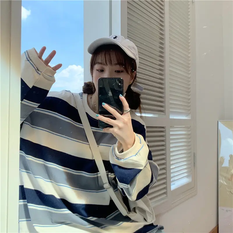 Women Striped Long Sleeve T-Shirt Blue White Red - Image 5