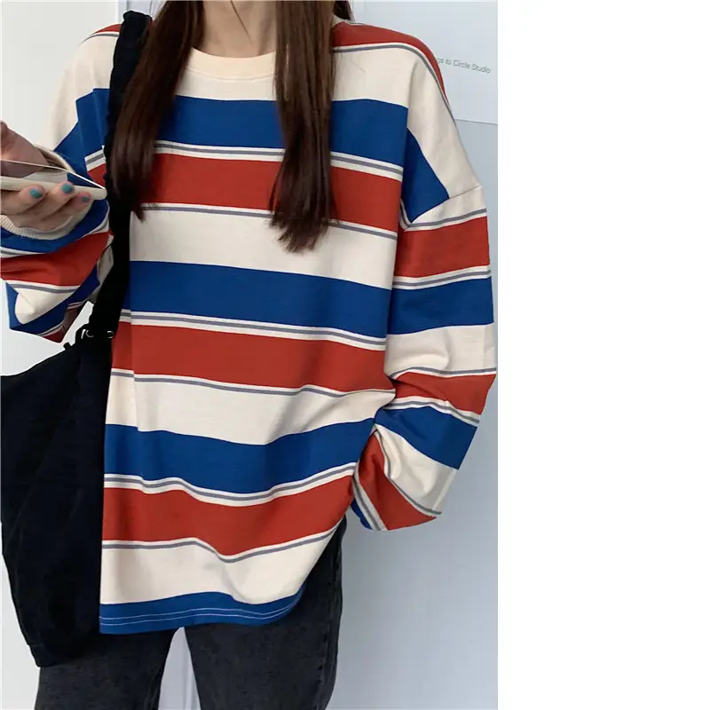 Women Striped Long Sleeve T-Shirt Blue White Red - Image 6
