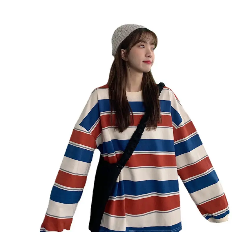 Women Striped Long Sleeve T-Shirt Blue White Red - Image 7
