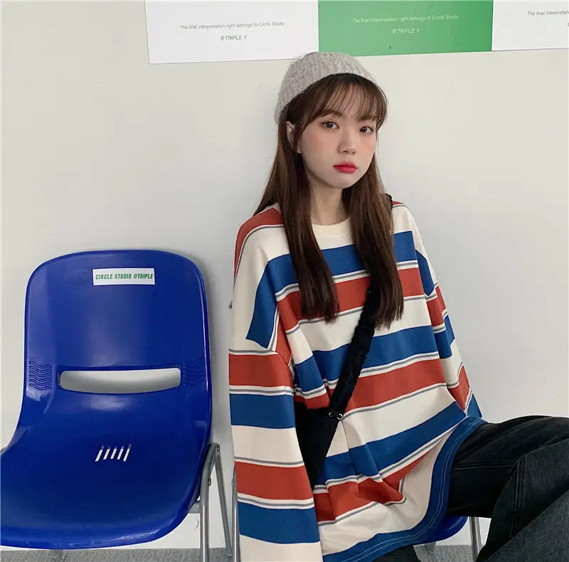 Women Striped Long Sleeve T-Shirt Blue White Red — feature 10