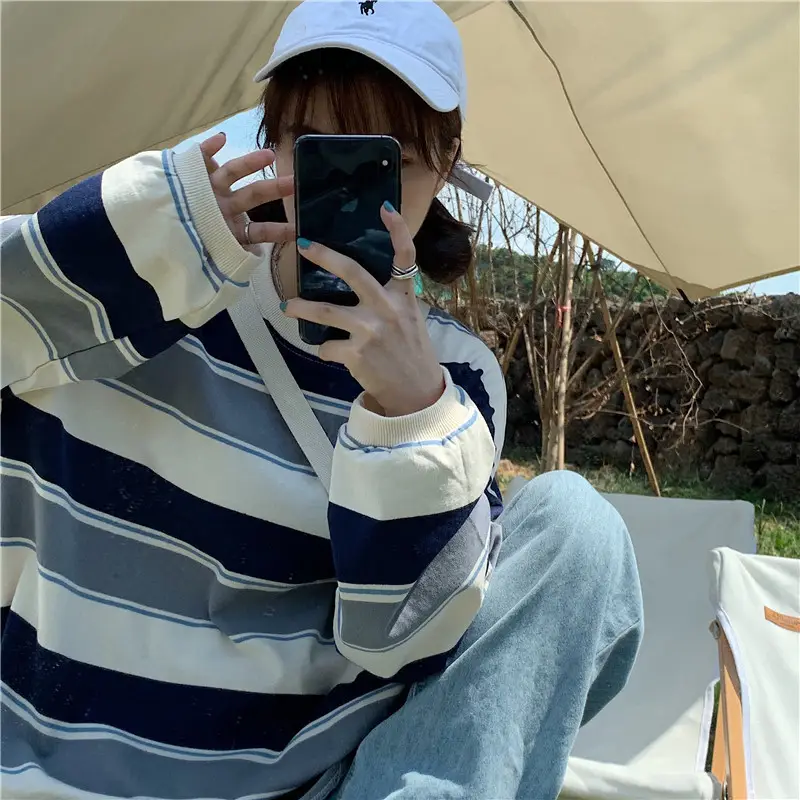 Women Striped Long Sleeve T-Shirt Blue White Red — feature 14
