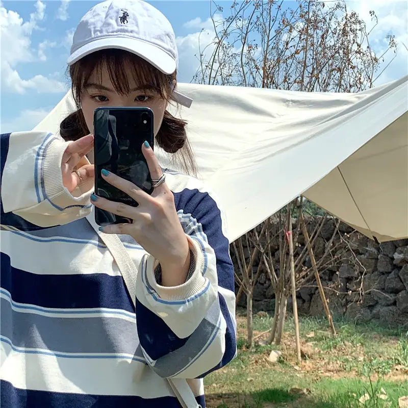 Women Striped Long Sleeve T-Shirt Blue White Red — feature 16