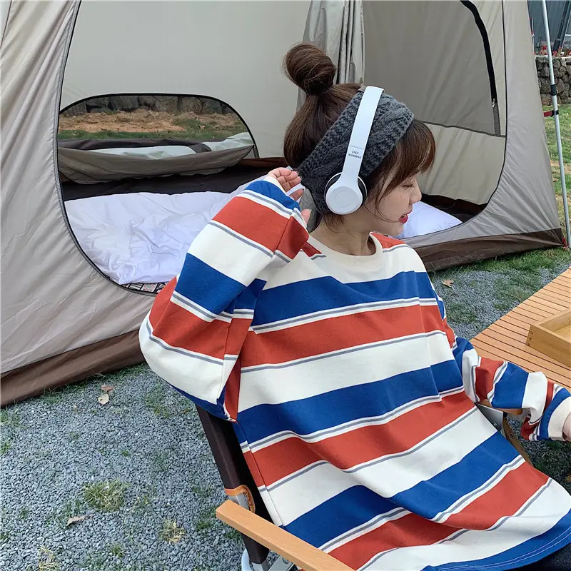 Women Striped Long Sleeve T-Shirt Blue White Red — feature 3