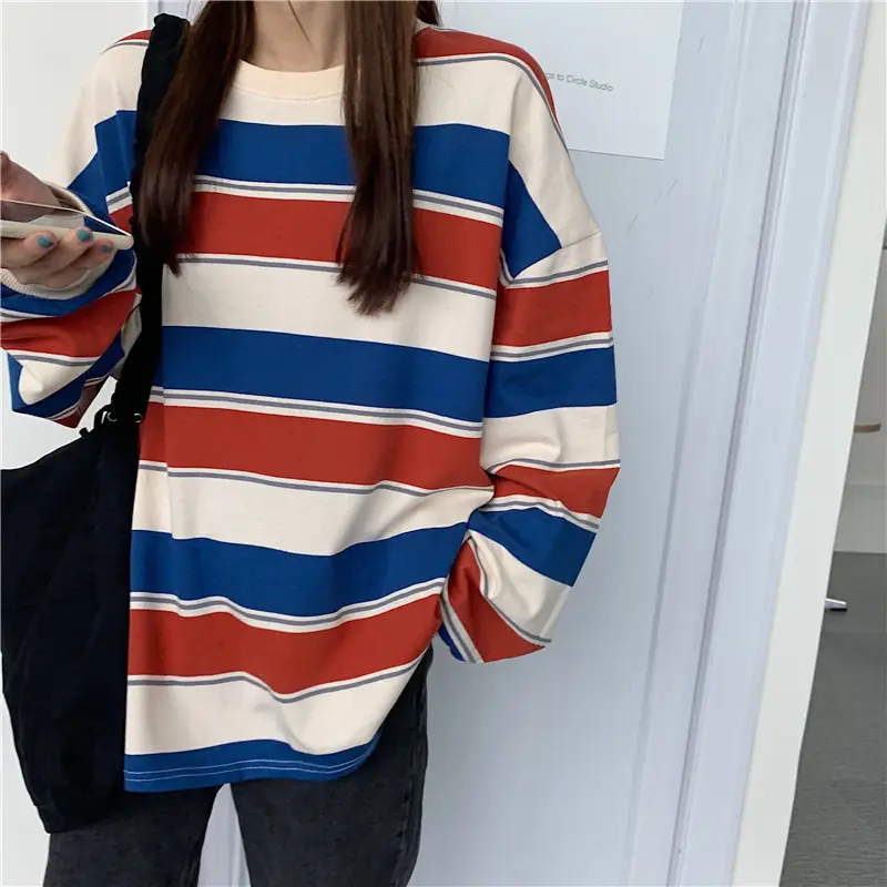 Women Striped Long Sleeve T-Shirt Blue White Red — feature 6