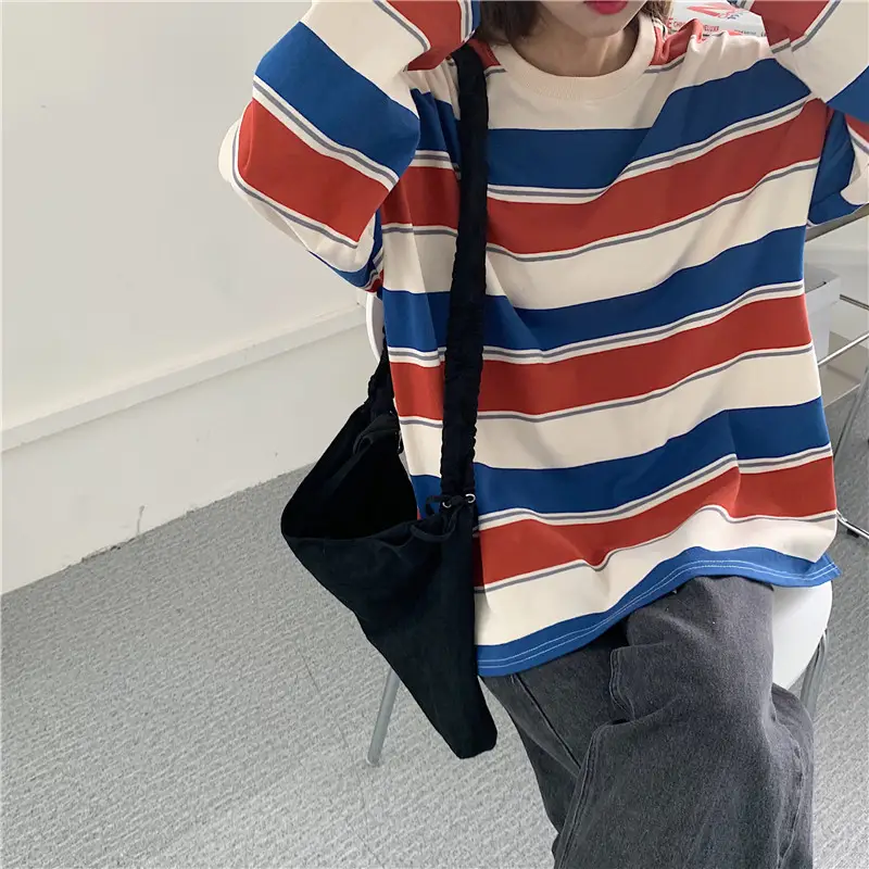 Women Striped Long Sleeve T-Shirt Blue White Red - Image 2