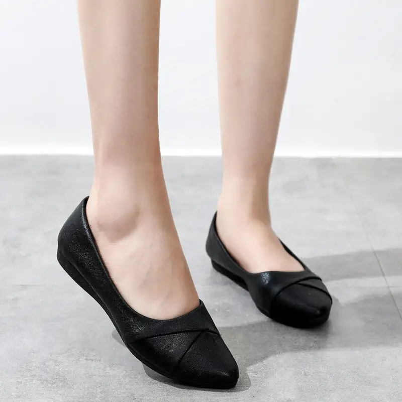 Women's Black Leather Flat Shoes with Soft Sole - Image 3