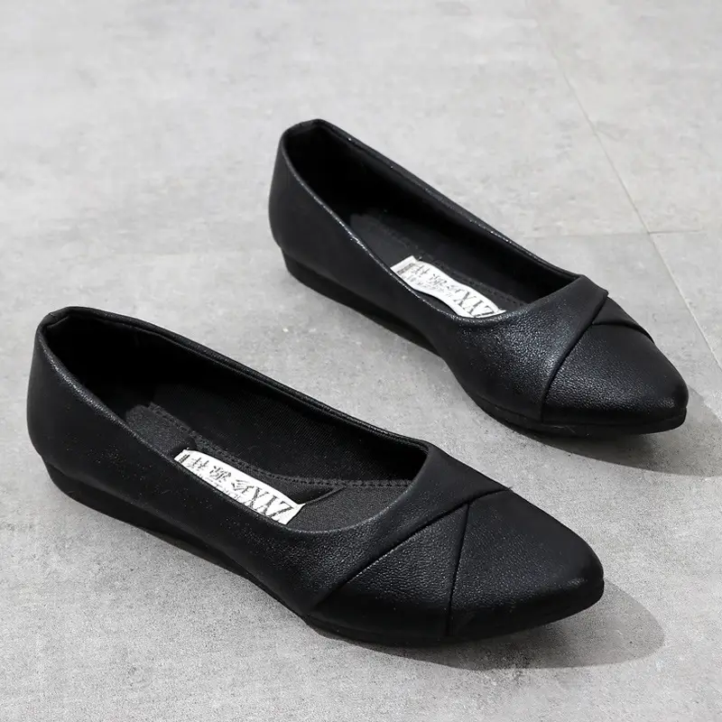 Women's Black Leather Flat Shoes with Soft Sole - Image 4