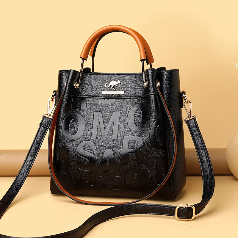 Black Embossed Shoulder Bag with Gold Silk Bow
