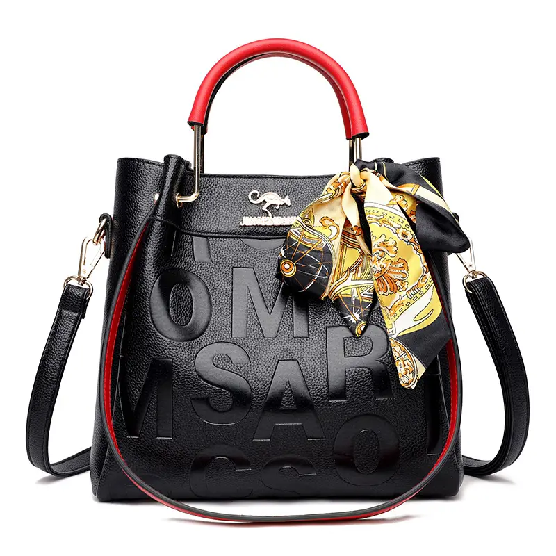 Black Embossed Shoulder Bag with Gold Silk Bow
