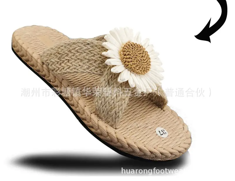 Summer New Outdoor Flip-Flops Hemp Rope Straw Daisy Slippers for Women to Wear Flat Low Heel Beach Sandals — feature 13