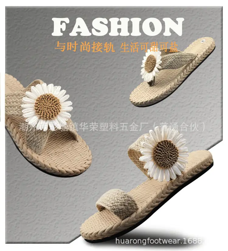 Summer New Outdoor Flip-Flops Hemp Rope Straw Daisy Slippers for Women to Wear Flat Low Heel Beach Sandals — feature 6