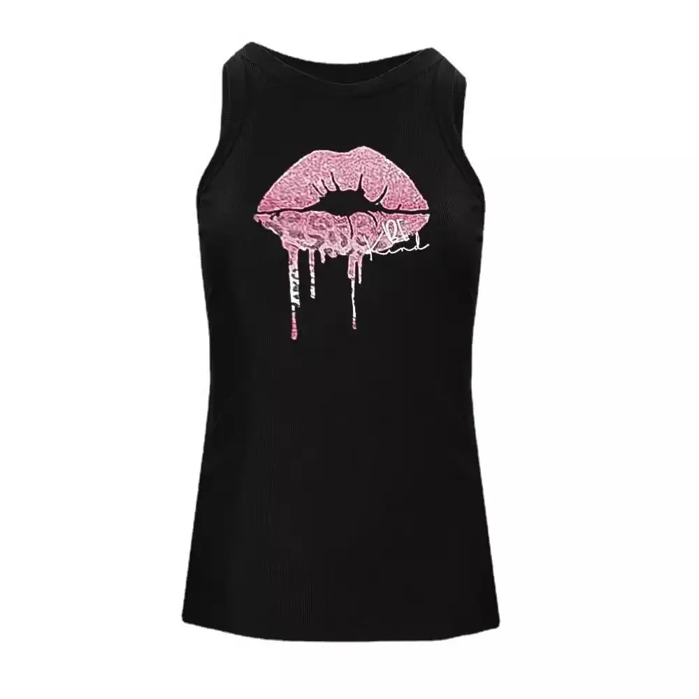 Black Hollow Sleeveless Top with Lip Print Design - Image 12
