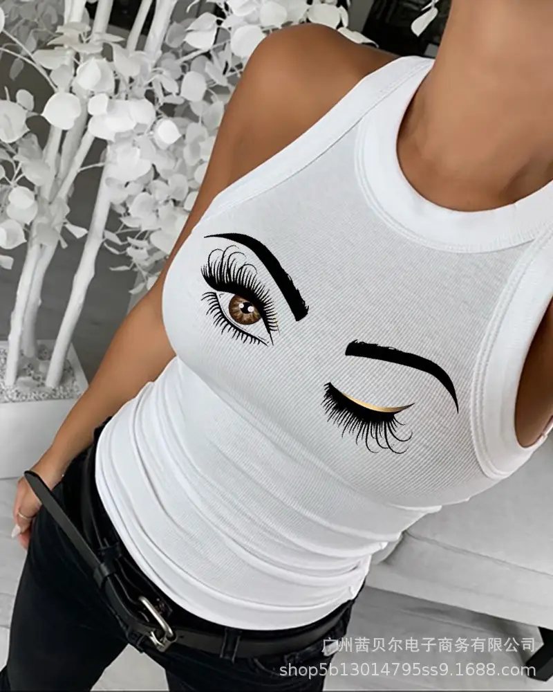 Black Hollow Sleeveless Top with Lip Print Design — feature 12