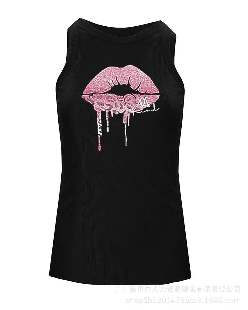 Black Hollow Sleeveless Top with Lip Print Design — feature 7