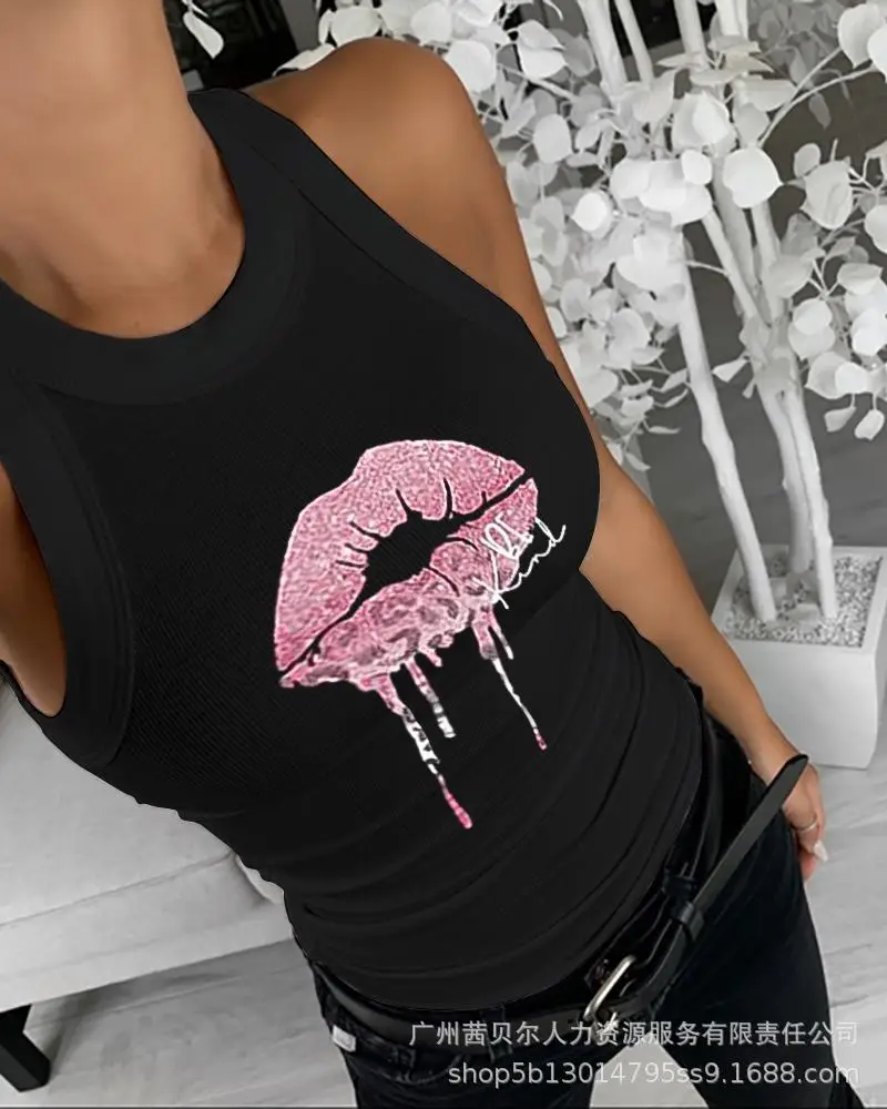 Black Hollow Sleeveless Top with Lip Print Design - Image 4