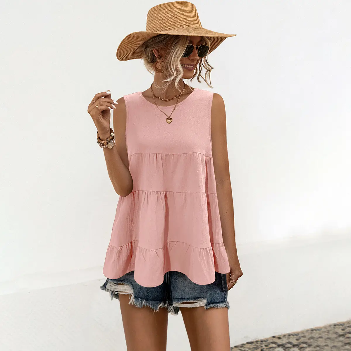 Orange Sleeveless Round Neck Vest Top for Women - Image 7
