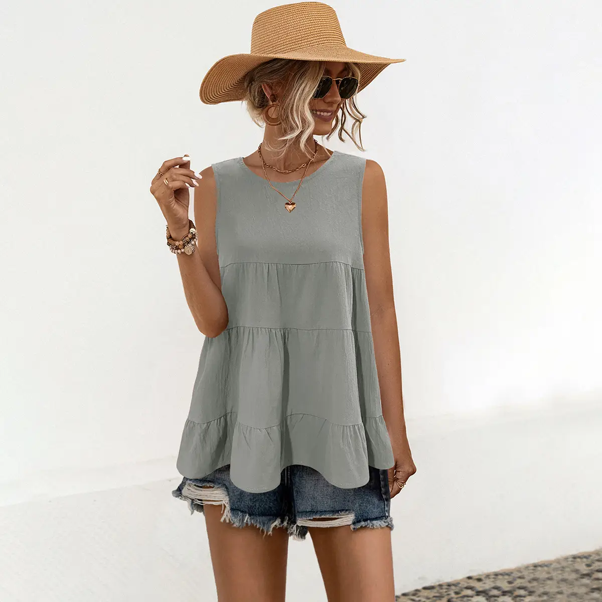 Orange Sleeveless Round Neck Vest Top for Women - Image 8
