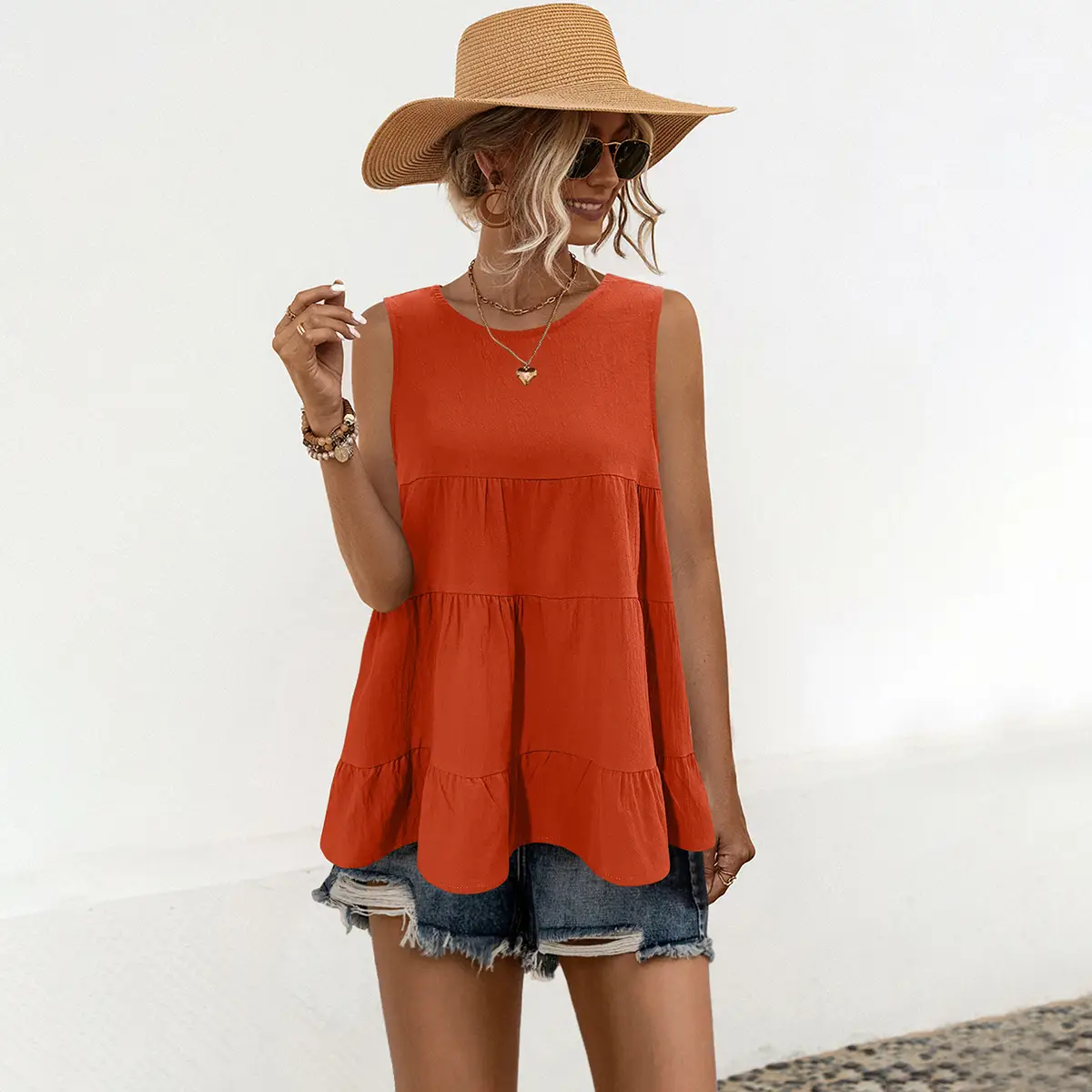 Orange Sleeveless Round Neck Vest Top for Women - Image 9