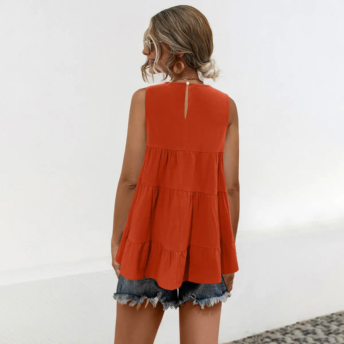 Orange Sleeveless Round Neck Vest Top for Women — feature 14