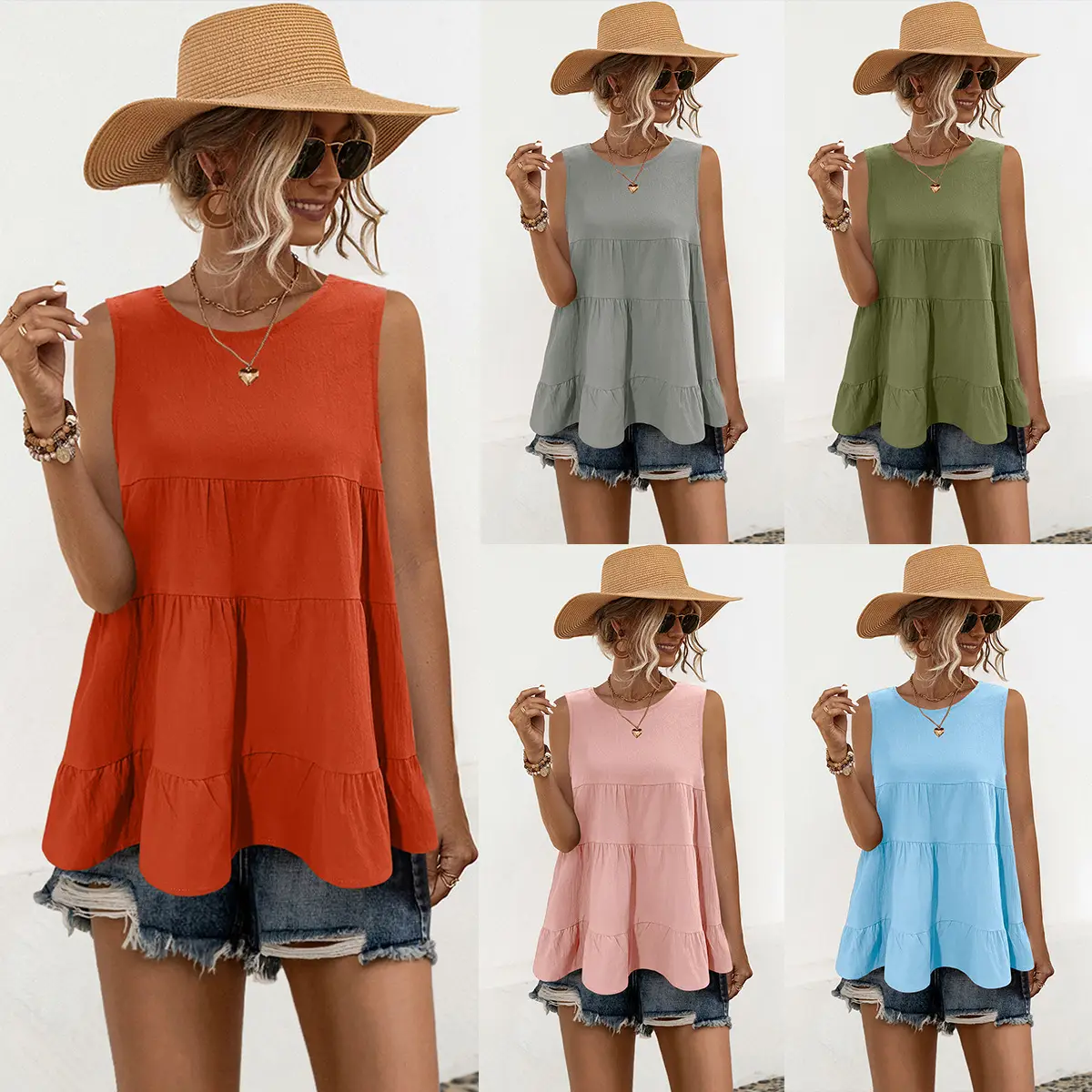 Orange Sleeveless Round Neck Vest Top for Women — feature 2