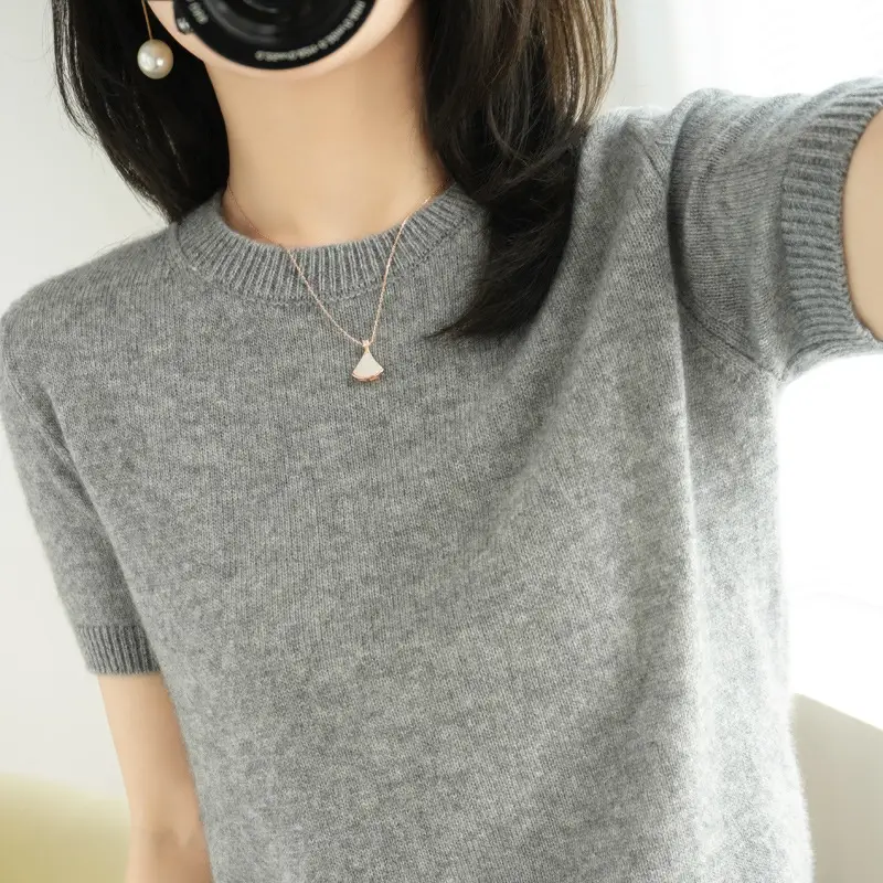Women's Pink Knitted Pullover T-Shirt Round Neck Short Sleeve - Image 10