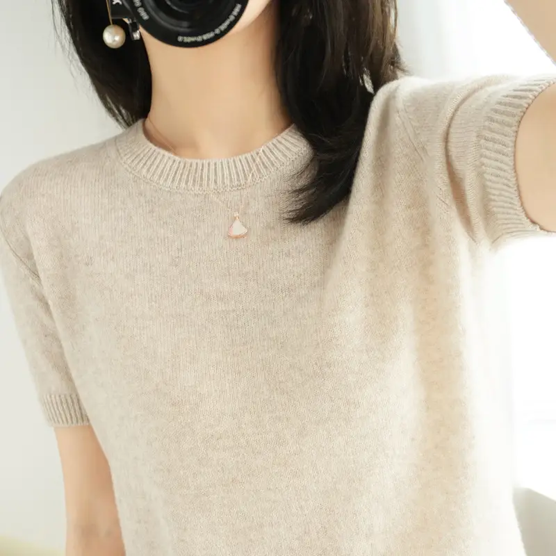 Women's Pink Knitted Pullover T-Shirt Round Neck Short Sleeve - Image 11