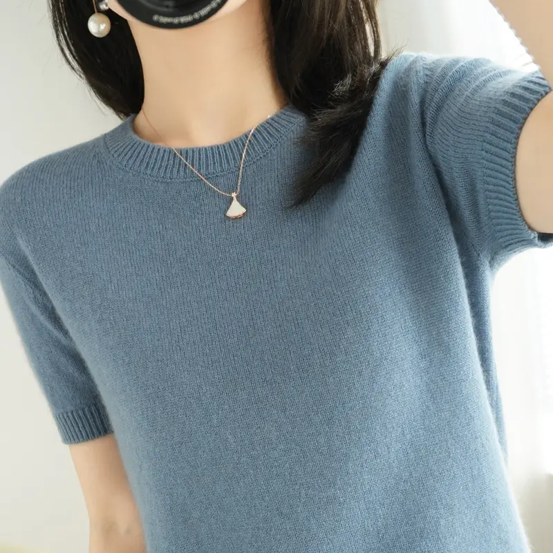 Women's Pink Knitted Pullover T-Shirt Round Neck Short Sleeve - Image 12