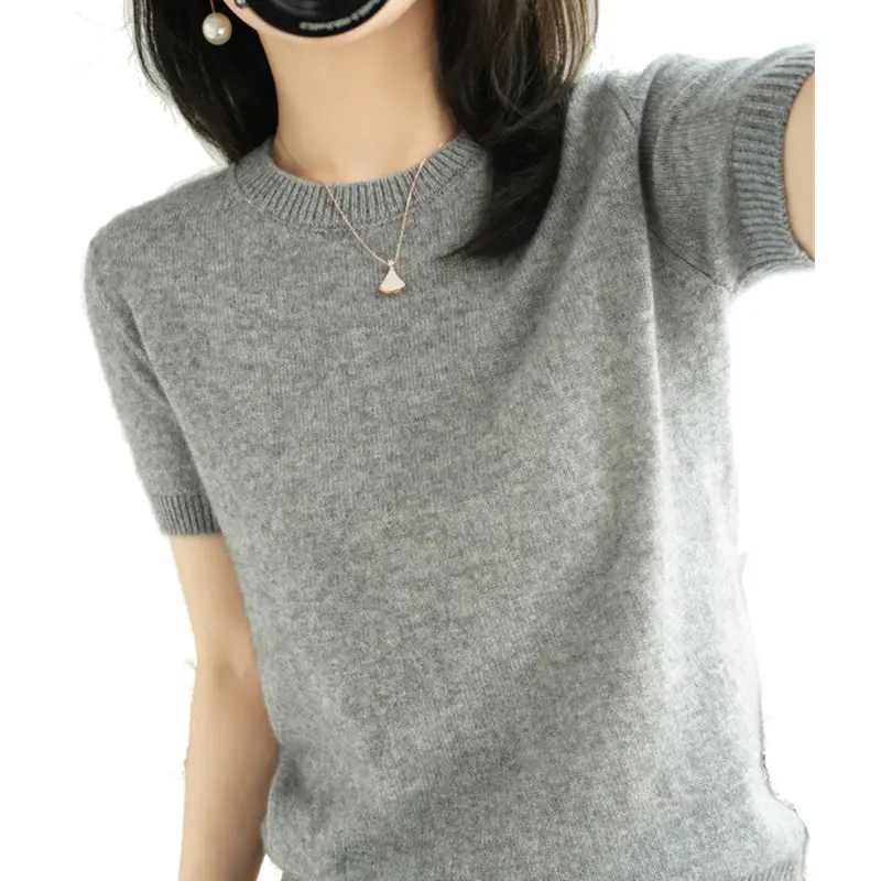 Women's Pink Knitted Pullover T-Shirt Round Neck Short Sleeve - Image 13