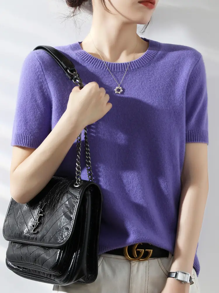 Women's Pink Knitted Pullover T-Shirt Round Neck Short Sleeve - Image 2