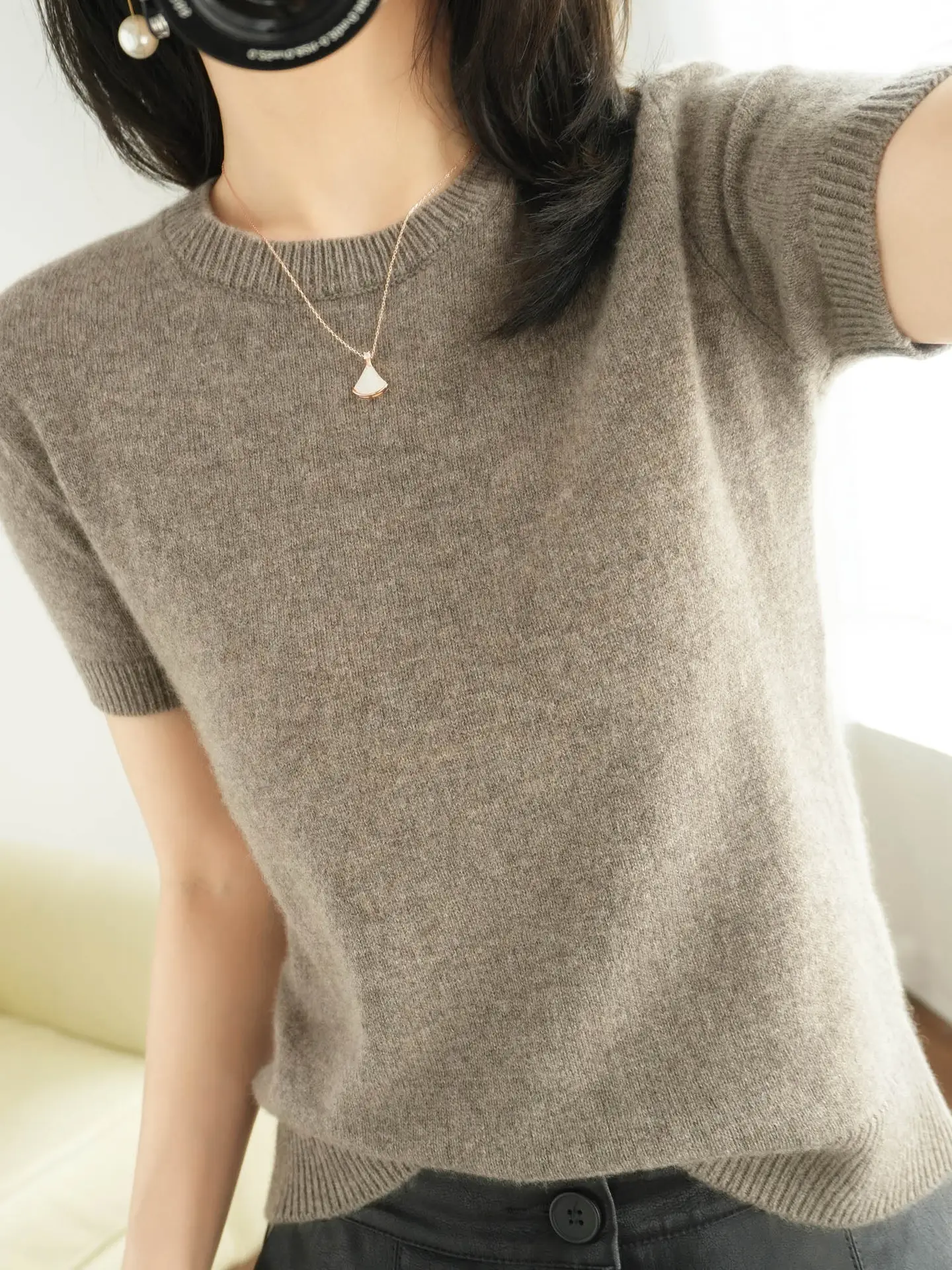 Women's Pink Knitted Pullover T-Shirt Round Neck Short Sleeve - Image 6