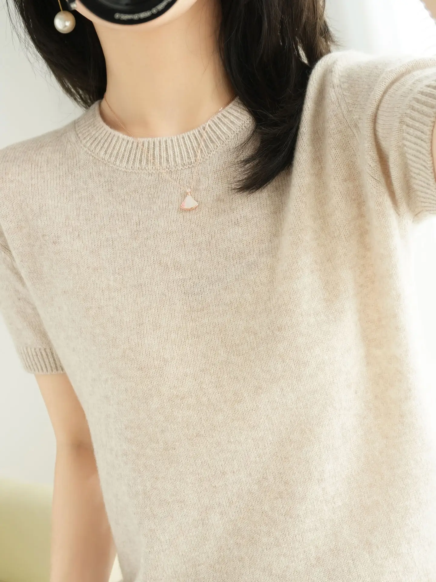Women's Pink Knitted Pullover T-Shirt Round Neck Short Sleeve - Image 7