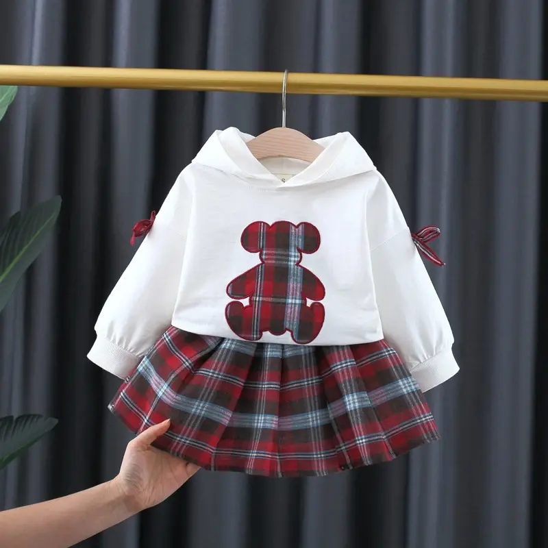 Girls Bear Plaid Hoodie & Skirt Set Spring Autumn - Image 4