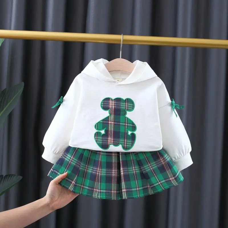 Girls Bear Plaid Hoodie & Skirt Set Spring Autumn - Image 5