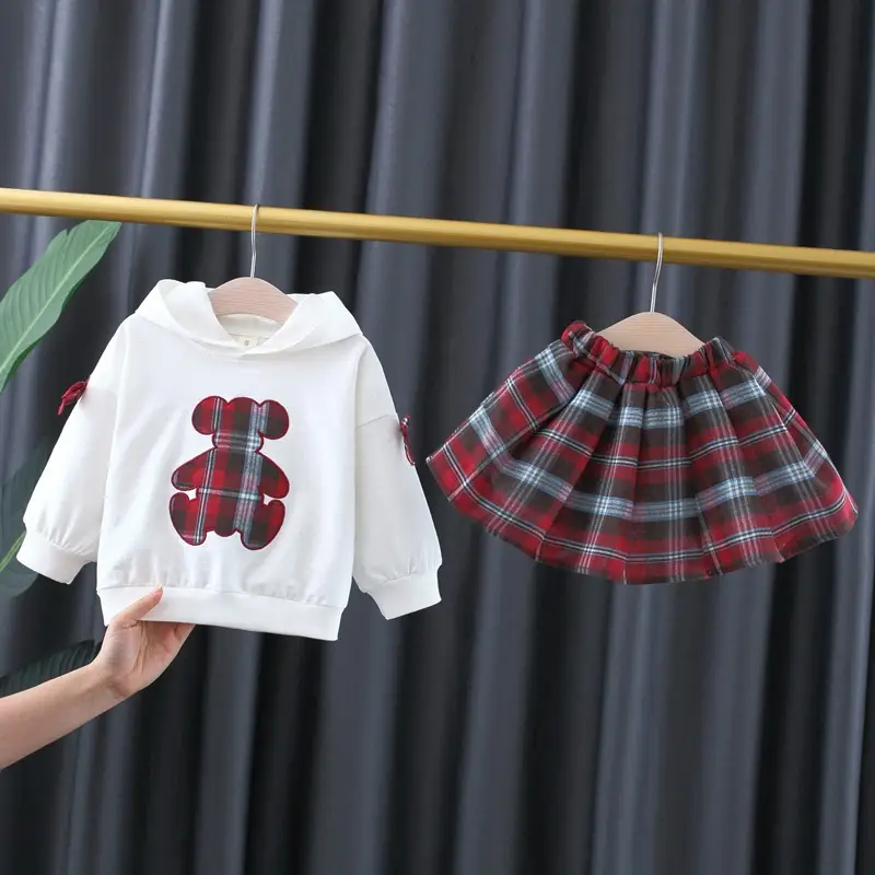 Girls Bear Plaid Hoodie & Skirt Set Spring Autumn - Image 6