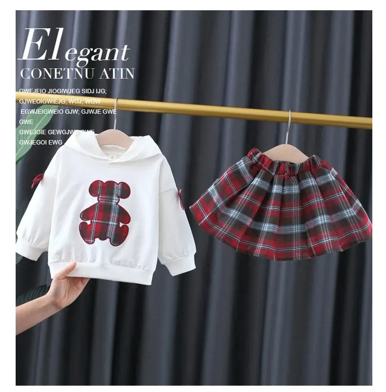 Girls Bear Plaid Hoodie & Skirt Set Spring Autumn — feature 1