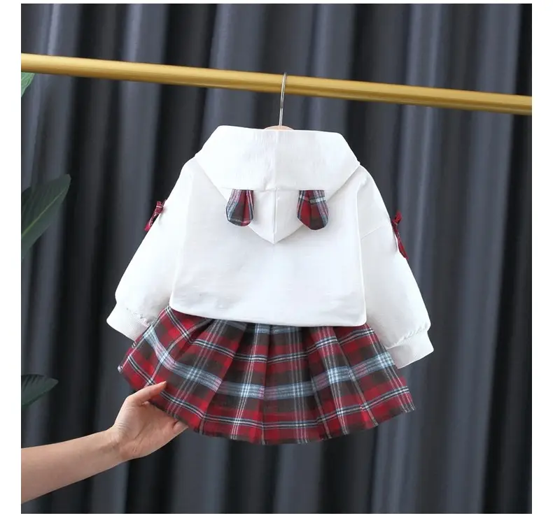Girls Bear Plaid Hoodie & Skirt Set Spring Autumn — feature 10
