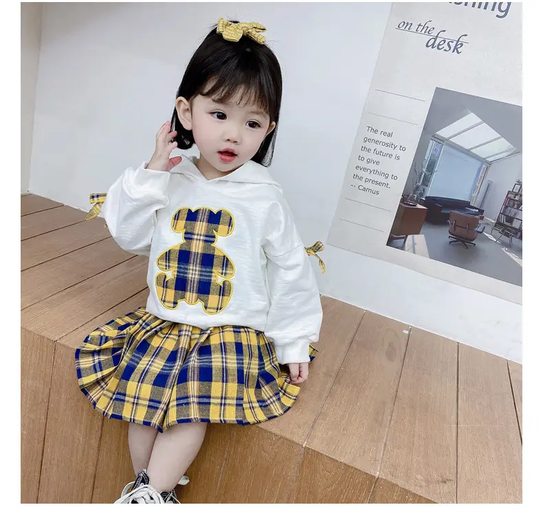 Girls Bear Plaid Hoodie & Skirt Set Spring Autumn — feature 3