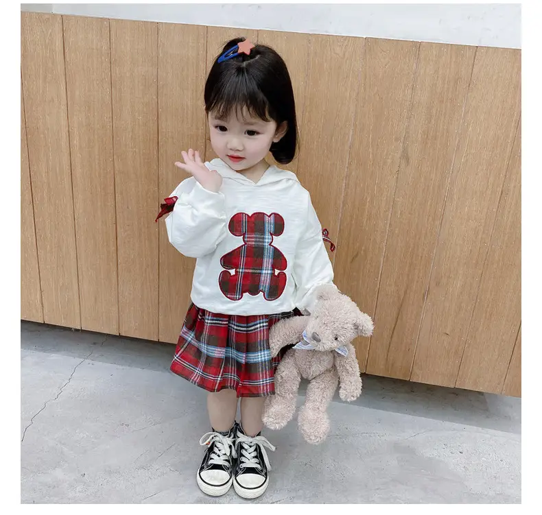 Girls Bear Plaid Hoodie & Skirt Set Spring Autumn — feature 4