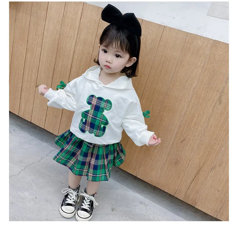 Girls Bear Plaid Hoodie & Skirt Set Spring Autumn — feature 5