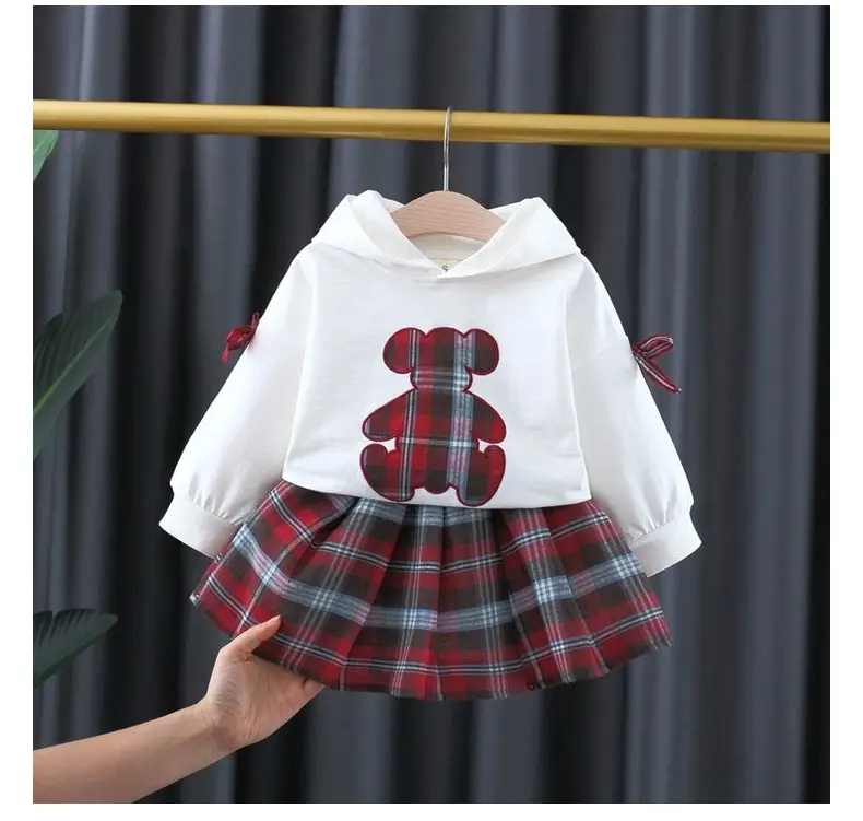 Girls Bear Plaid Hoodie & Skirt Set Spring Autumn — feature 7